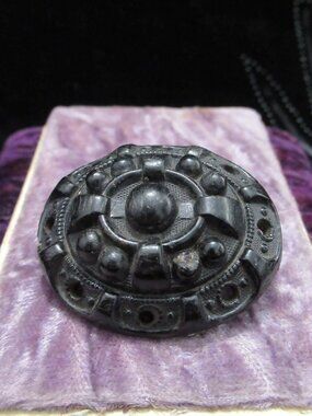 Antique Victorian Mourning Brooch Pressed Horn Jet Black Pin Memento Mori Gothic